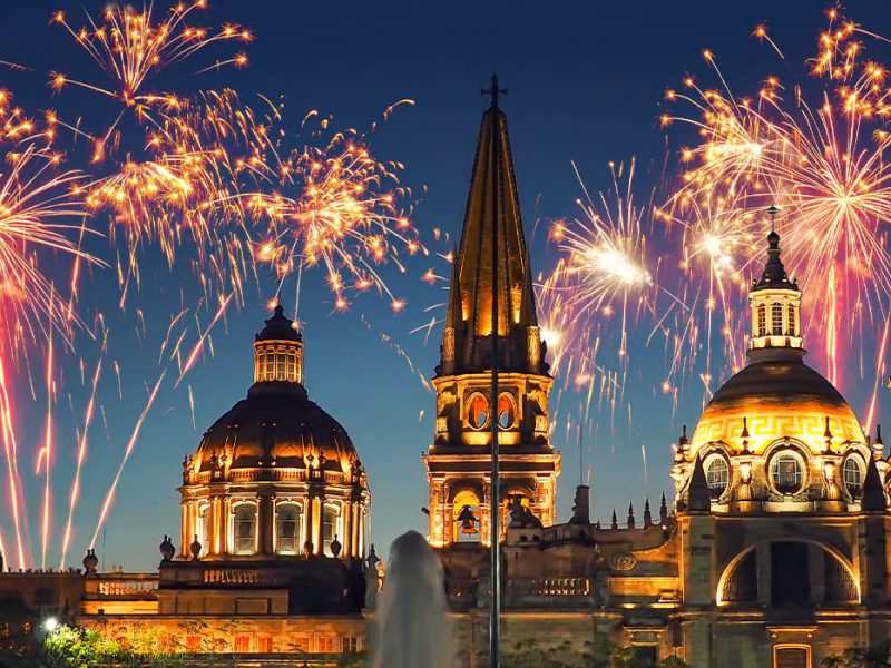 new year's eve fireworks over Guadalajara's Catedral