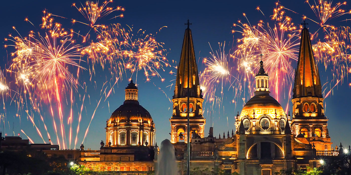 new year's eve fireworks over Guadalajara's Catedral